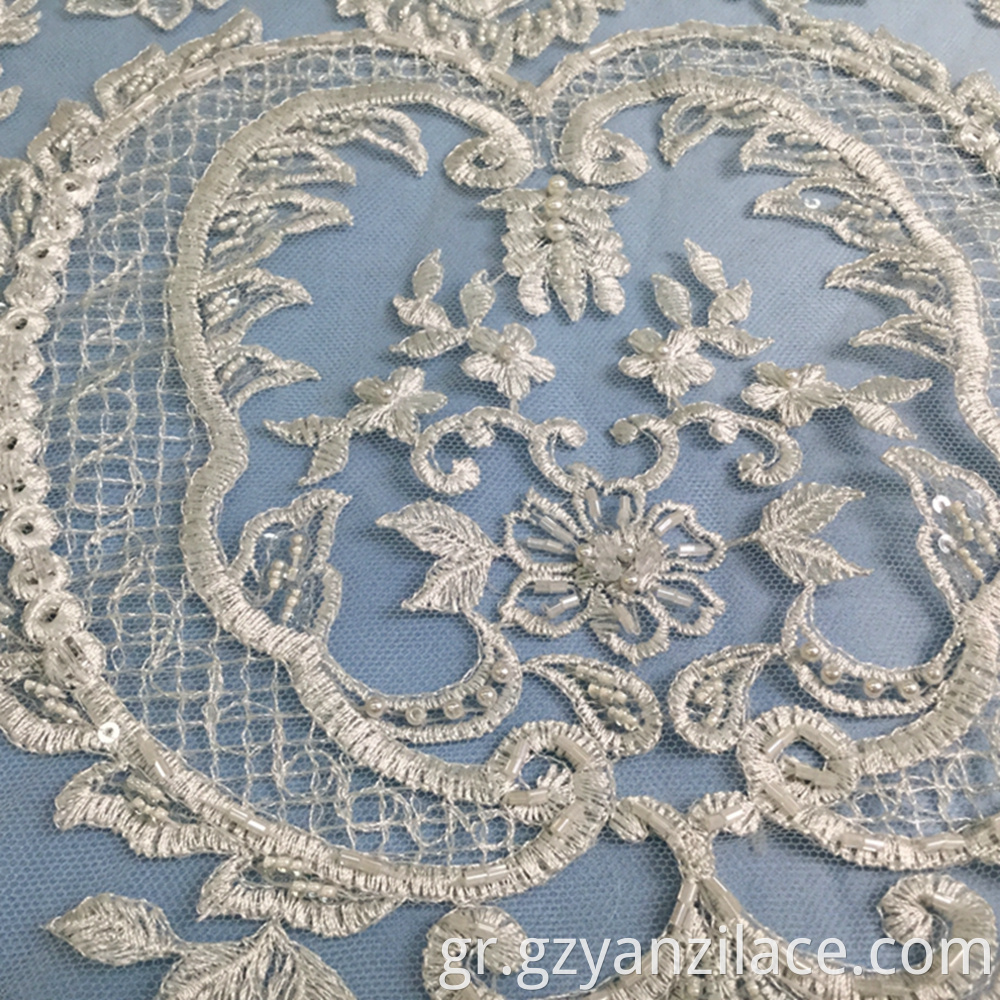 Ivory Embroidery Handwork Beaded Geometric Fabric